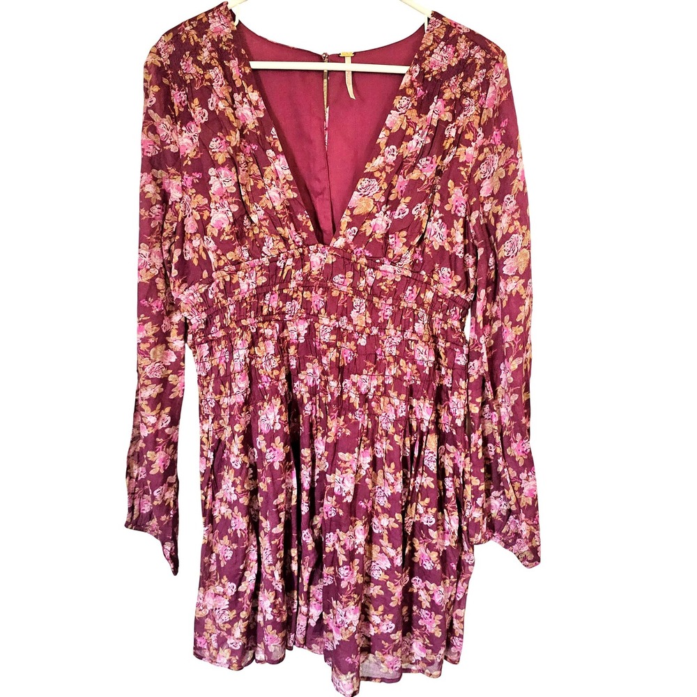 Free People‎ Keep You Mini Dress Large Floral Burgundy Smocked Bohemian Plunge